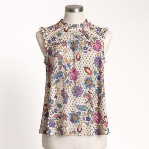 Ann Taylor Loft Floral High Neck Top L Crocheted Lace Trim Spring Blouse